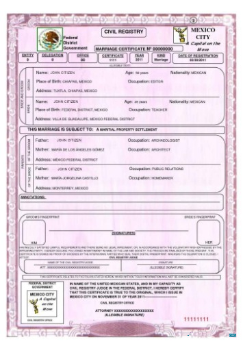 Download Mexico Civil registry marriage certificate Photoshop template